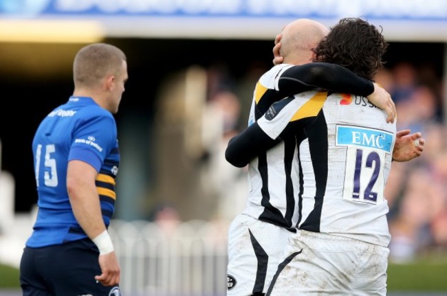 Joe Simpson celebrates his try with Ben Jacobs