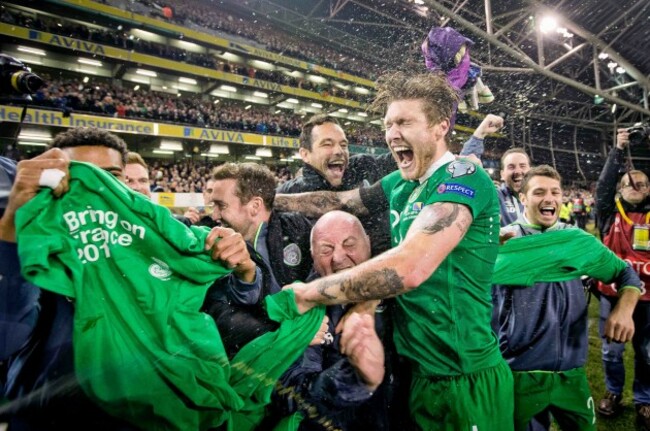 Cyrus Christie, Aiden McGeady, Dick Redmond, David Forde, Jeff Hendrick and Wes Hoolahan celebrate
