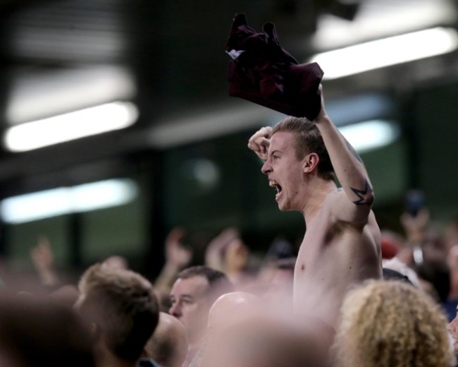 An Ireland fan celebrates Shane Long's goal