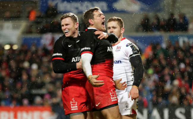 Chris Ashton celebrates with try scorer Alex Goode