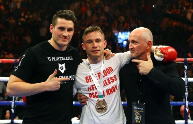 Carl Frampton celebrates defeating Hugo Cazares with Shane and Barry McGuigan 4/4/2014