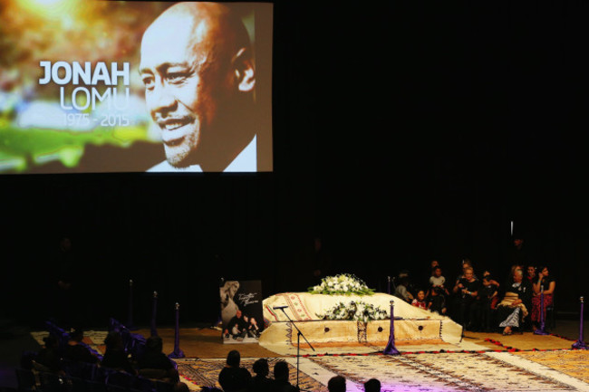 The casket containing the body of Jonah Lomu sits at the front of the Aho Faka Famili memorial