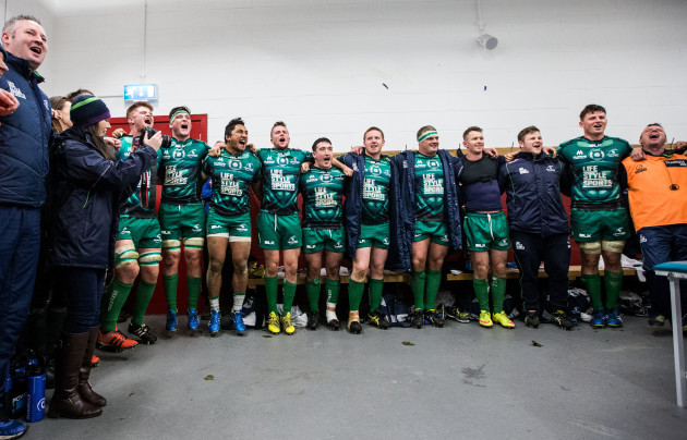 The Connacht team sing the Fields of Athenry after the game