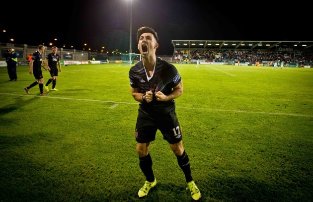 Richie Towell celebrates scoring from the penalty spot