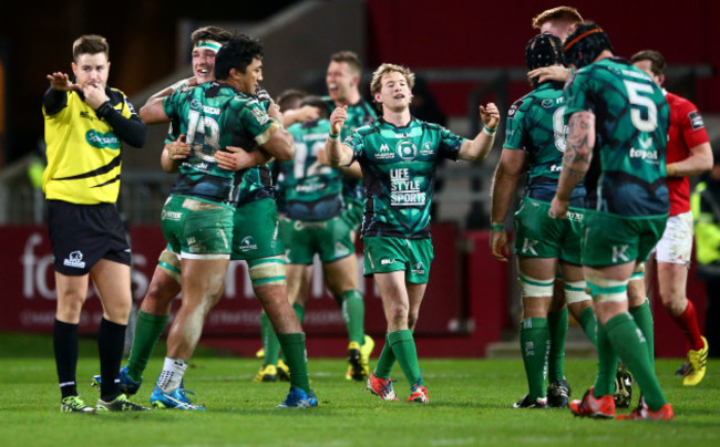 James Connolly, Bundee Aki and  Kieran Marmion celebrate at the final whistle