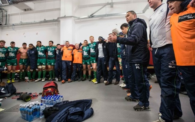 Pat Lam speaks to the team after the game