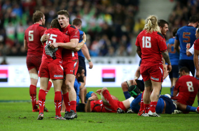 Leigh Halfpenny and Jonathan Davies celebrate at the final whistle