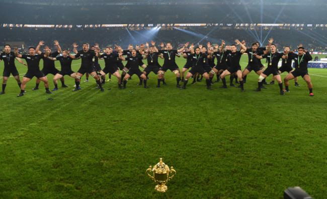 The All Blacks perform a Haka after winning