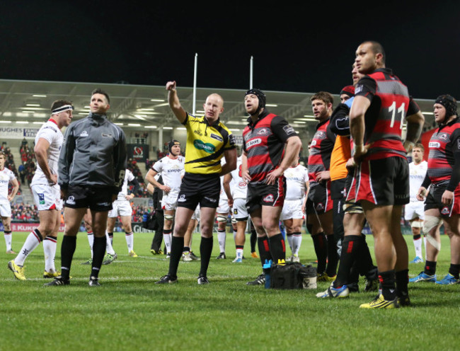 Ian Davies watches the TMO before awarding Ulster a penalty try