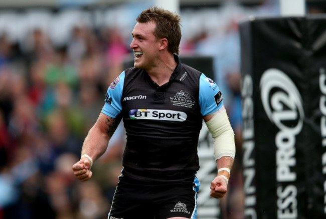 Stuart Hogg celebrates after Henry Pyrgos scored a try