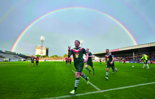 Denis Behan celebrates scoring from the penalty spot