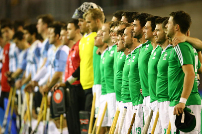 Ireland players line up for the national anthems