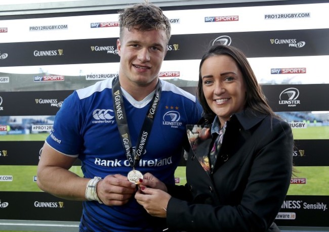 Josh van der Flier receives the Guinness PRO12 man of the match medal from Gemma Bell