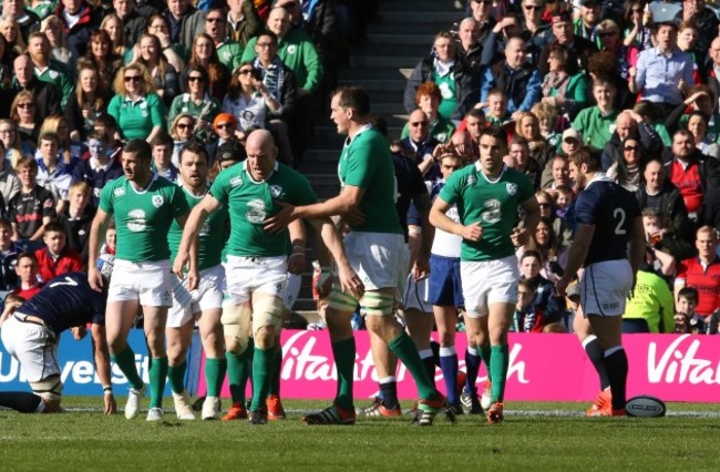 Paul O'Connell celebrates his try with teammates