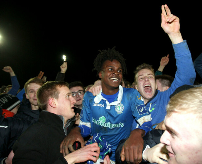 Finn Harps match winner BJ Banda swamped by fans at the final whistle