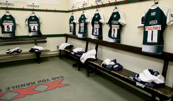 A view of Leicester Tigers jerseys hanging in the changing room