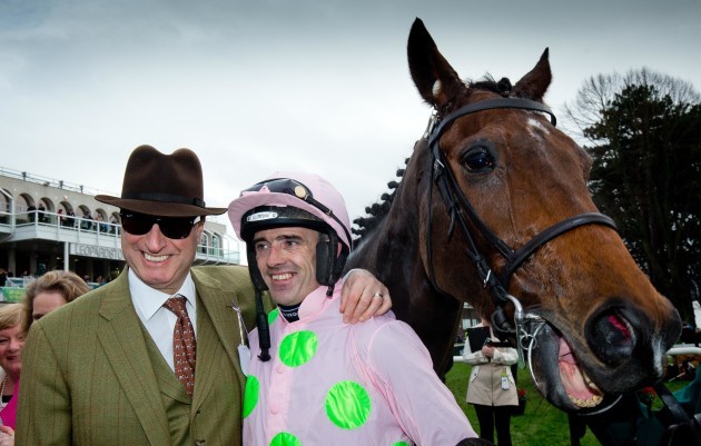 Owner Rich Ricci celebrates with jockey Ruby Walsh after winning The Paddy Power Future Champions Novice Hurdle with Long Dog