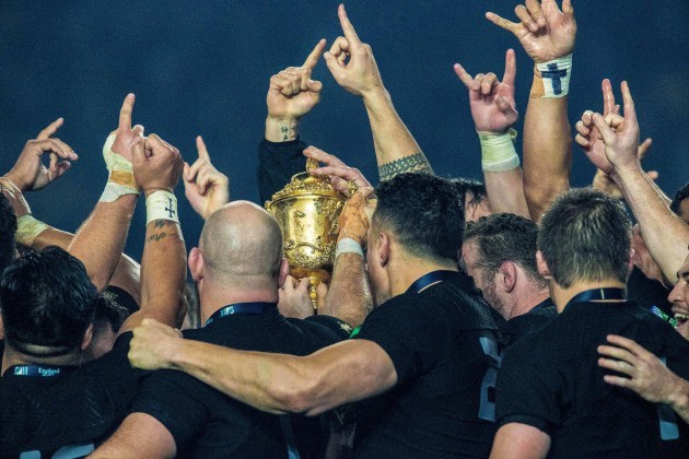 The All Blacks celebrate with the Webb Ellis cup
