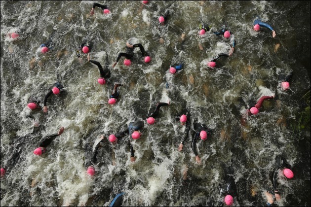 A general view of competitors during the swim leg of the TriAthy