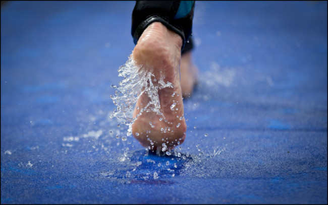 A general view of competitors competing in the swim section