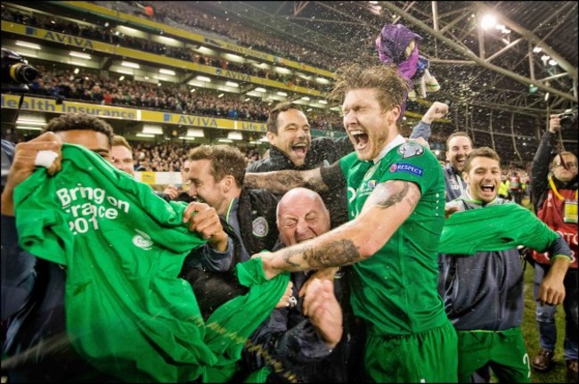 Cyrus Christie, Aiden McGeady, Dick Redmond, David Forde, Jeff Hendrick and Wes Hoolahan celebrate