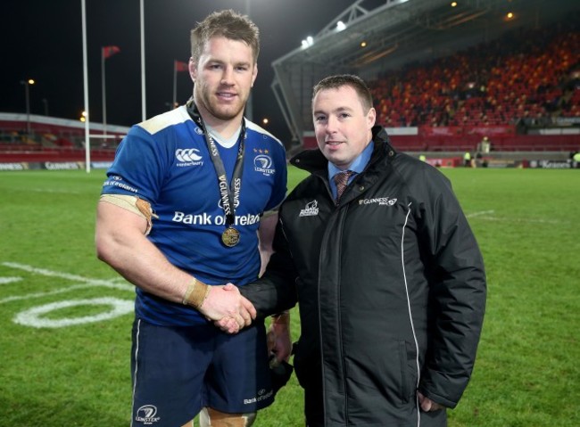 Sean O'Brien receives the man of the match award from Colin Kenny