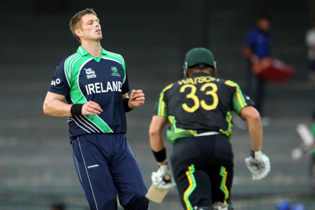 Boyd Rankin reacts after bowling to Shane Watson 19/9/2012