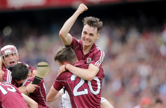 Andrew Greaney and Cillian McDaid celebrate the final whistle