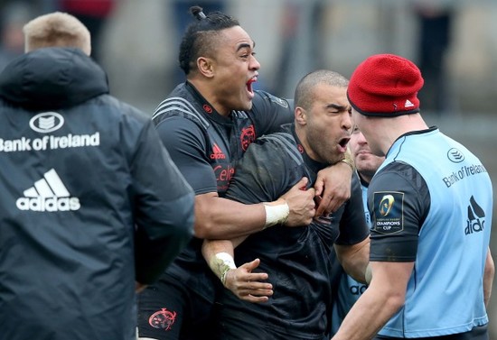 Simon Zebo celebrates his try with Francis Saili