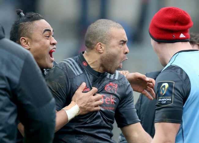 Simon Zebo celebrates his try with Francis Saili