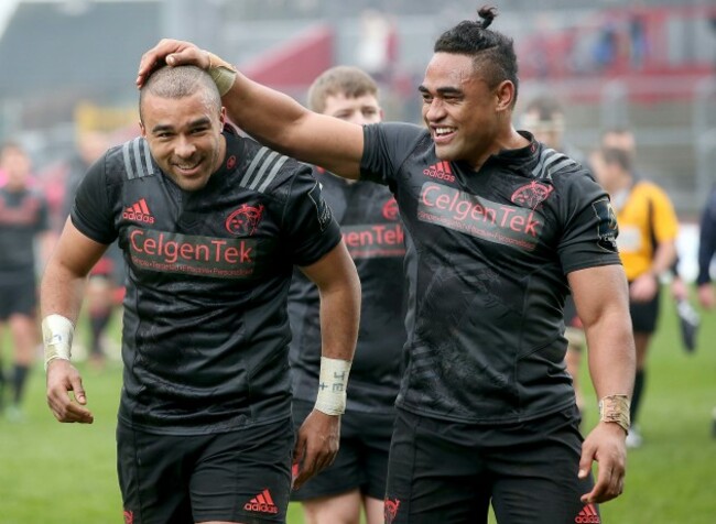 Simon Zebo and Francis Saili celebrate after the game