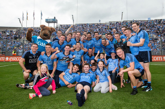 The Dublin team celebrate in front of Hill16