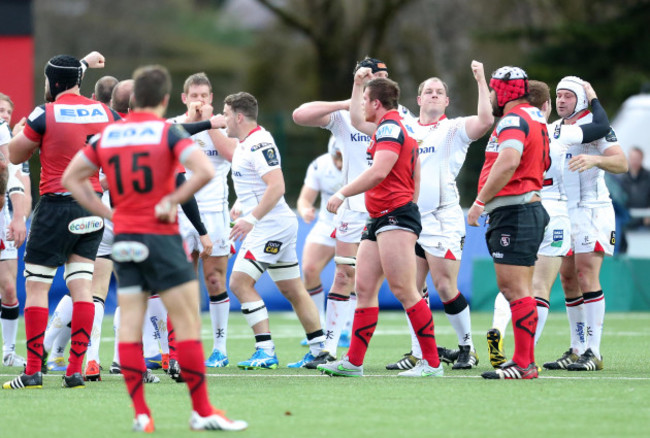 The Ulster team celebrate at the final whistle