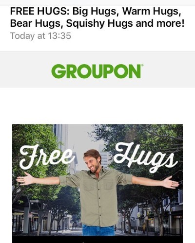 And the winner of the creepiest email of the day goes to these guys. No thanks, Groupon. #freehugs #nationalfreehugday #donttouchme #groupon #creeping #hisarmsaresolong #badbeard #whatevenisthatsmile #nope
