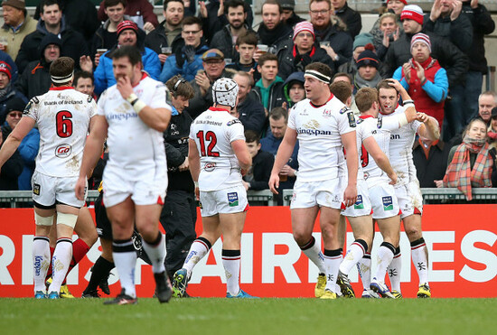 Darren Cave celebrates his try with Paul Marshall