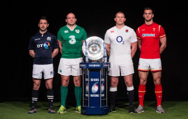 Greig Laidlaw, Rory Best, Dylan Hartley and Sam Warburton with the Triple Crown trophy