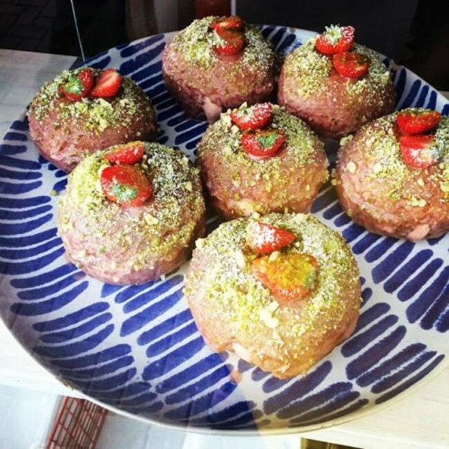 Day 44 strawberry filled doughnuts with pistachio . Wow what can I say!