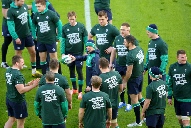 The players warm up wearing 'Keep Rugby Clean' T-Shirts