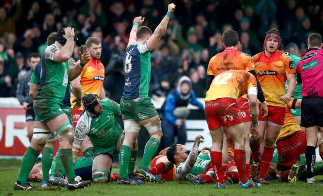 Eoghan Masterson celebrates a Denis Buckley scores his sides third try