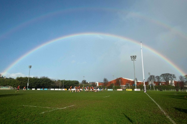 A view of a rainbow over the pitch as Dundalk take on Monkstown