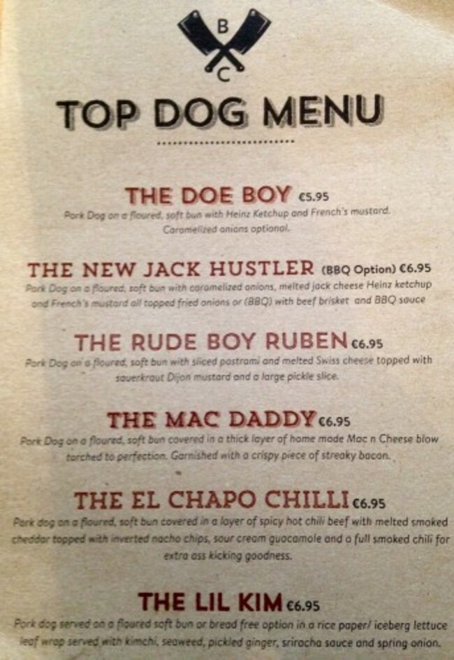 MENU TOP DOG AT BULL AND CASTLE DUBLIN