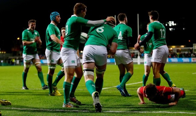 Cillian Gallager celebrates scoring the first try of the game