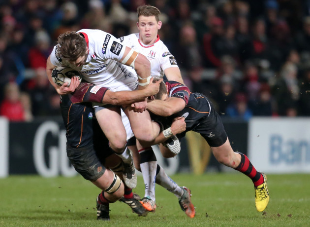 Stuart McCloskey is tackled by Nic Cudd and Carl Meyer