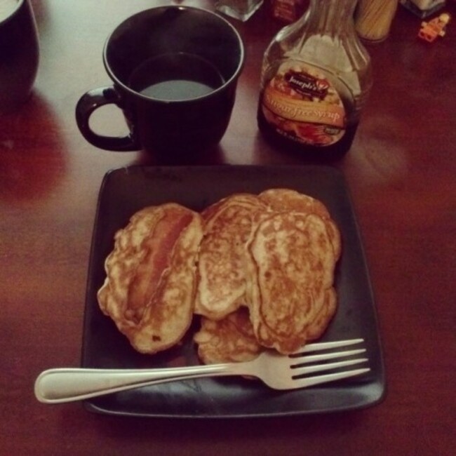 Not bad for my first time! ^~^ #breakfast #baconstrippancakes using #multigrainpancakemix and #almondmilk, paired with some #donfranciscocoffee and #sugarfreesyrup! #omnomnomgram