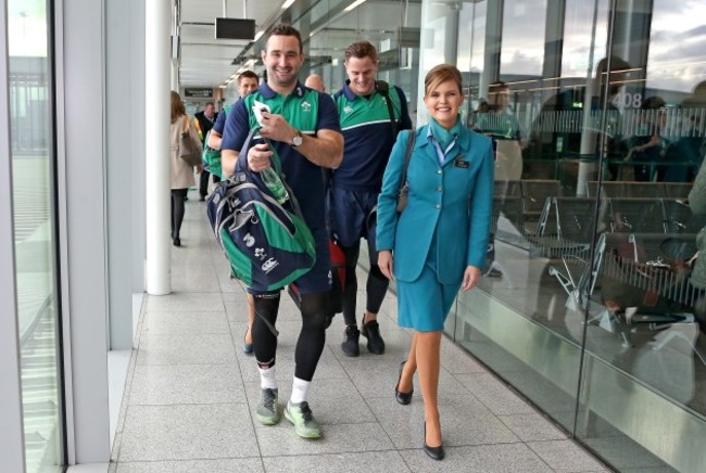 CJ Stander, Dave Kearney and Jamie Heaslip with Aer Lingus cabin crew member Deirdre Eighan