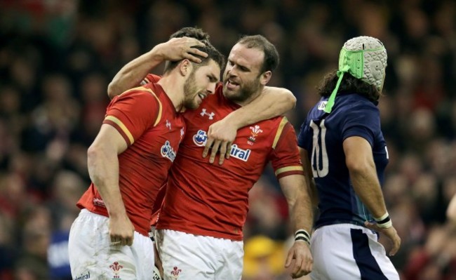 George North celebrates his try with Jamie Roberts