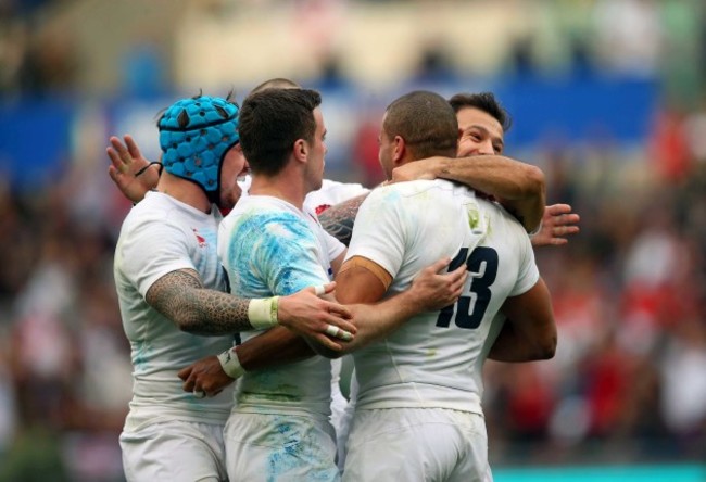 Jonathan Joseph celebrates his try with teammates