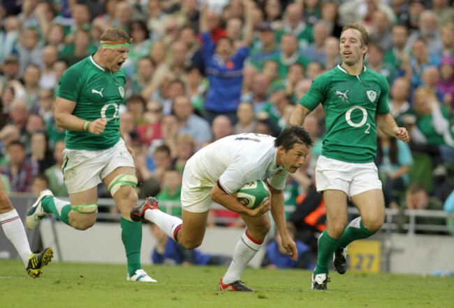 Jamie Heaslip screams as Francois Trinh Duc scores a try