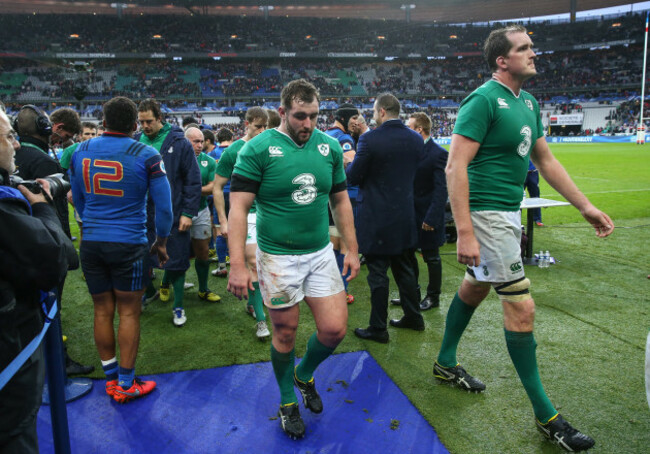 Ireland&rsquo;s James Cronin and Devin Toner  walk off the pitch