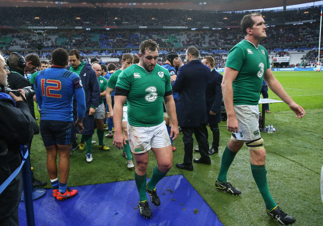 Ireland’s James Cronin and Devin Toner  walk off the pitch